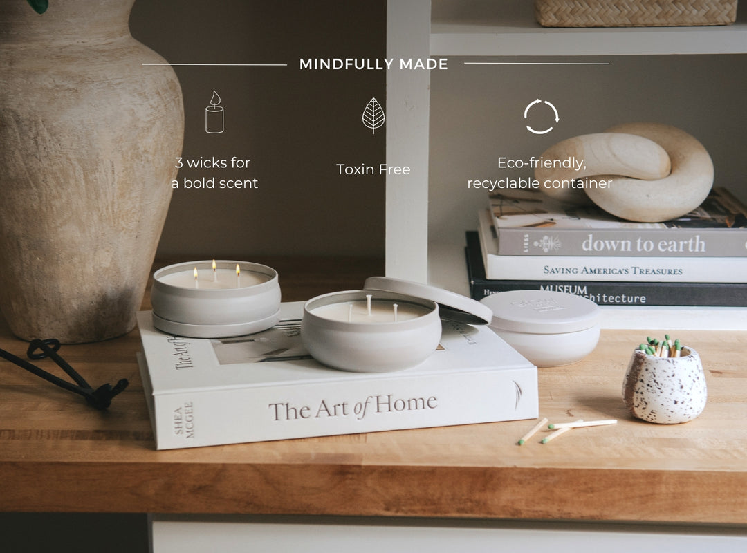 3-Wick Candle on a wooden shelf — Mindfully Made: 3 wicks for a bold scent