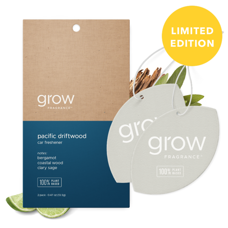 Grow Fragrance Pacific Driftwood car freshener with packaging on a white background with yellow 'limited edition badge
