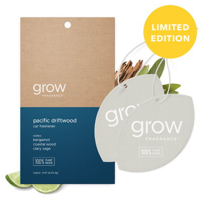 Grow Fragrance Pacific Driftwood car freshener with packaging on a white background with yellow 'limited edition badge