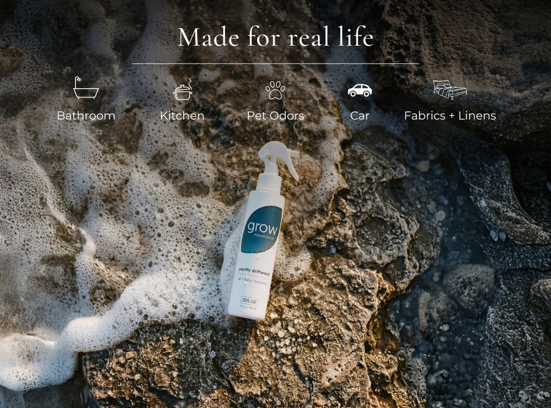 Spray bottle labeled 'grow' on a textured surface with icons and text indicating product uses.