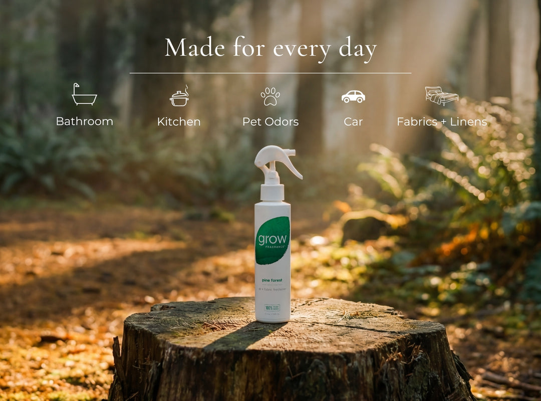 Spray bottle labeled 'grow' on a wooden stump with nature background (featured)