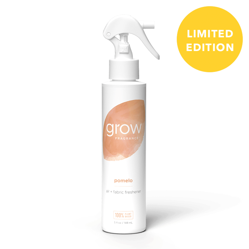 Label: "grow fragrance / pomelo / air + fabric freshener / 100% plant based / 5 fl oz / 148 mL" + badge: "LIMITED EDITION"