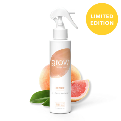 Label: "grow fragrance / pomelo / air + fabric freshener / 100% plant based / 5 fl oz / 148 mL" + badge: "LIMITED EDITION"