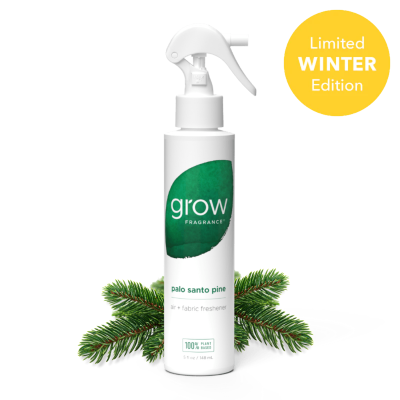 A white spray bottle of Grow Fragrance Palo Santo Pine air and fabric freshener, styled with pine branches on a white background and a yellow 'Limited Winter Edition' badge in the top right.