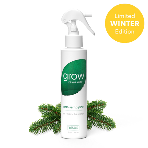 A white spray bottle of Grow Fragrance Palo Santo Pine air and fabric freshener, styled with pine branches on a white background and a yellow 'Limited Winter Edition' badge in the top right.