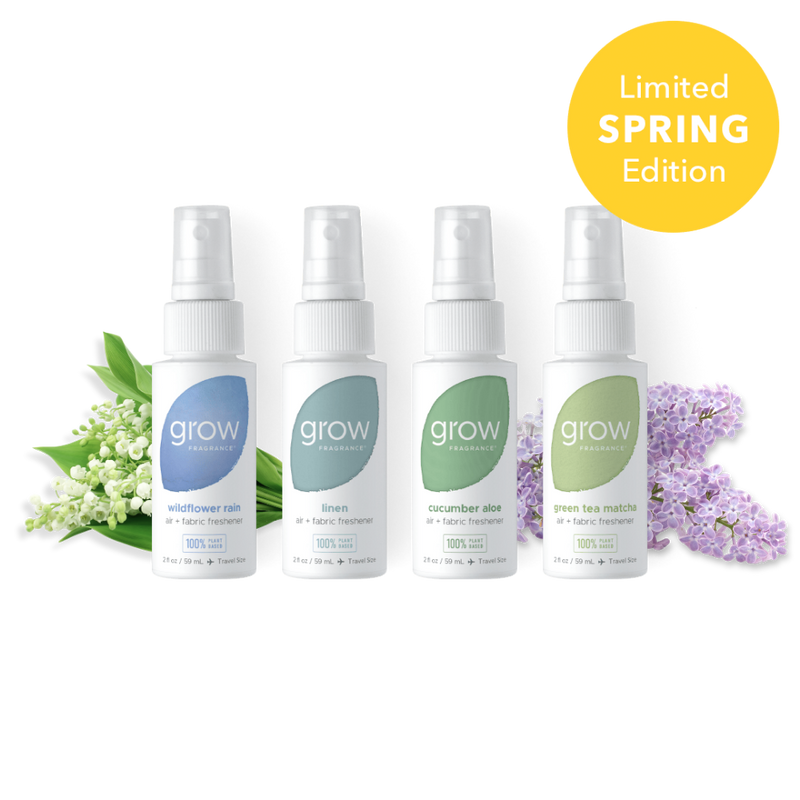 Four 'grow' fragrance bottles with floral elements on a white background, labeled as a limited spring edition.