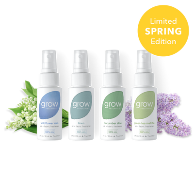 Four 'grow' fragrance bottles with floral elements on a white background, labeled as a limited spring edition.