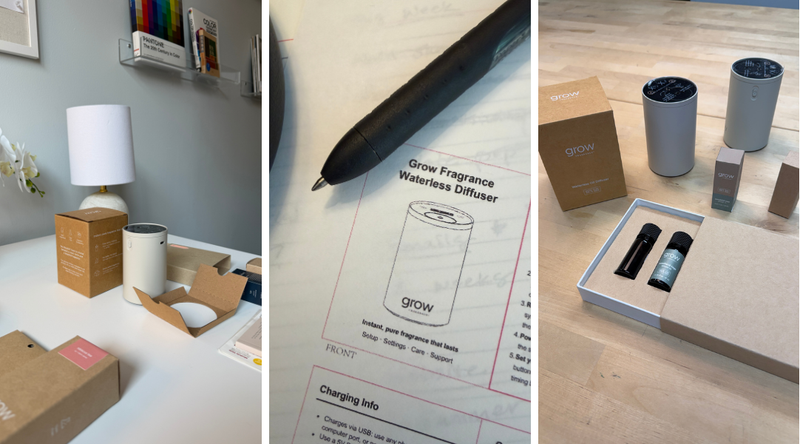 Collage of office supplies including a lamp, pen, and cylindrical containers.
