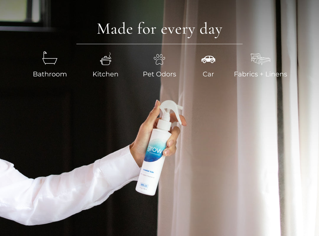 Person holding a spray bottle labeled 'Grow' with text 'Made for every day' and icons below.