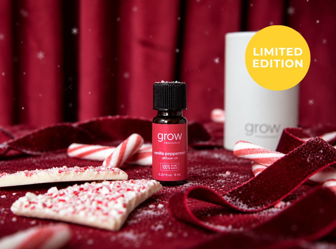 A small amber bottle labeled grow vanilla peppermint essential oil stands in front of a white cylindrical box, with candy canes, crushed candy cane pieces, and dark red velvet fabric in a holiday-themed setup. A yellow circle in the upper right says LIMITED EDITION. (featured)