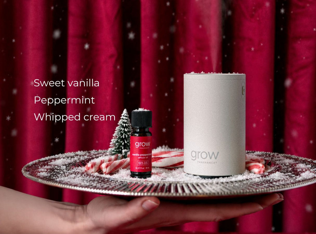 A hand holds a silver tray decorated with faux snow, candy canes, a small tree, and a small black-and-red Grow essential oil bottle next to a tall white cylindrical container labeled grow. Red curtains and white falling snow graphics form the background. (featured)