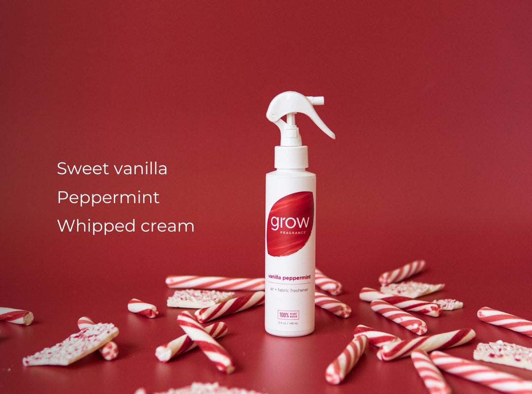 A white spray bottle of grow hair growth serum in Sweet Vanilla Peppermint Whipped Cream scent, styled on a red background with candy canes and white chocolate pieces. (featured)