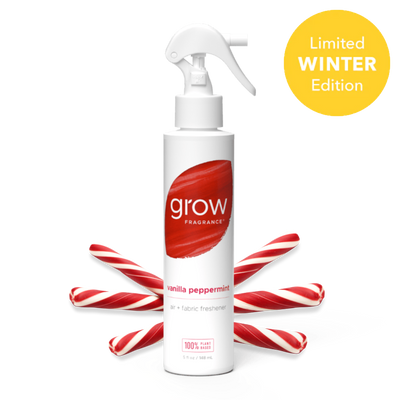 White spray bottle with red label featuring 'grow' fragrance on a white background