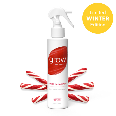 White spray bottle with red label featuring 'grow' fragrance on a white background