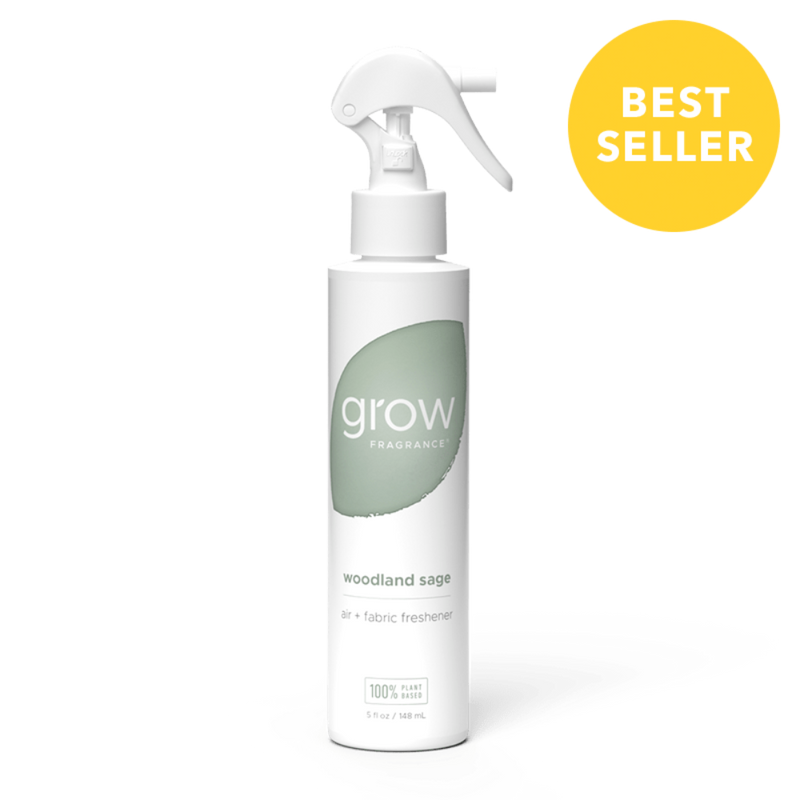 label reads "grow fragrance / Woodland Sage / air + fabric freshener" badge: best seller