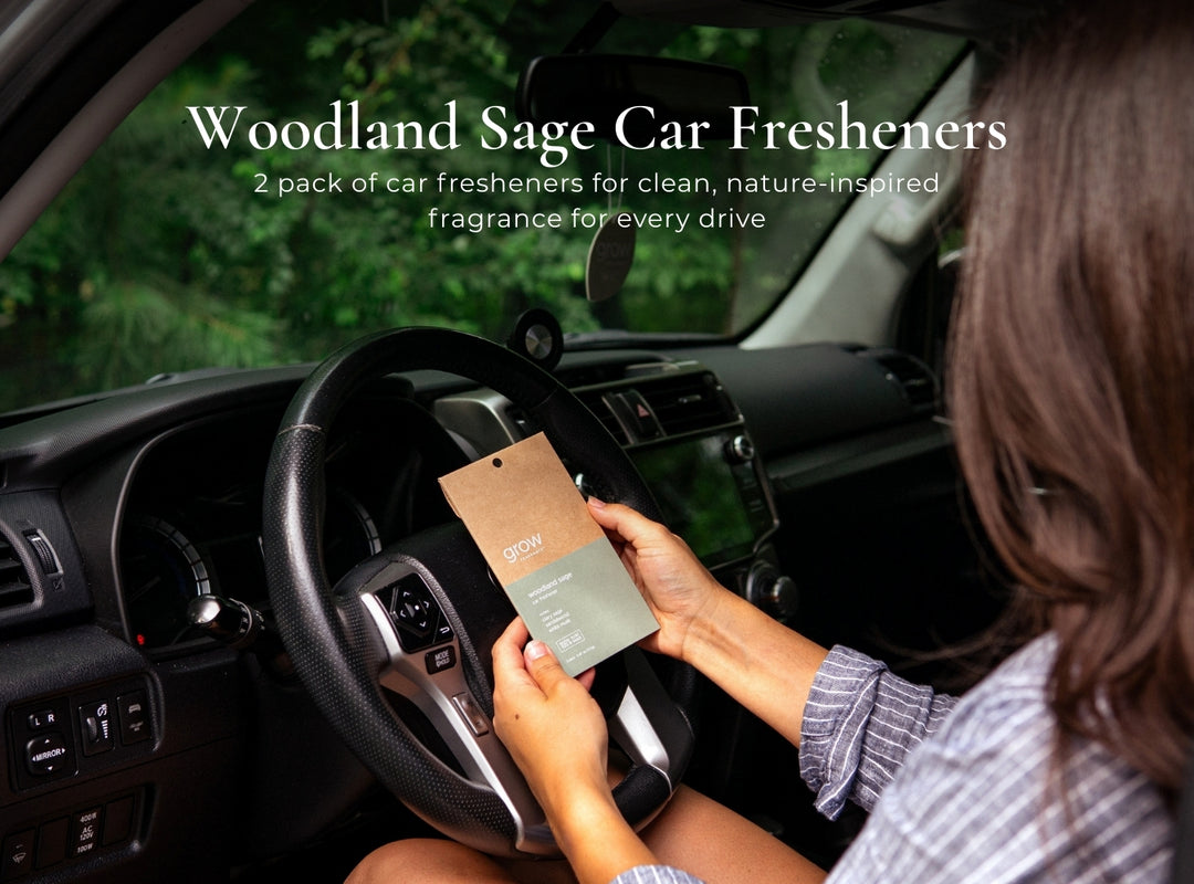 Person holding a car freshener pack in a vehicle with 'Woodland Sage Car Fresheners' text.