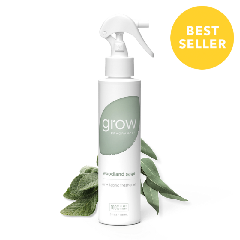label reads "grow fragrance / Woodland Sage / air + fabric freshener" badge: best seller with plant ingredients 