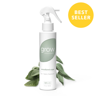 label reads "grow fragrance / Woodland Sage / air + fabric freshener" badge: best seller with plant ingredients 