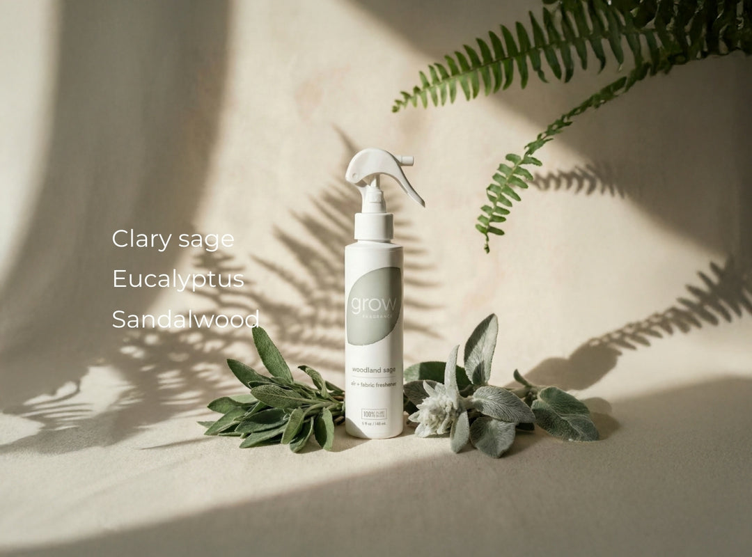 Woodland sage White spray bottle with greenery on a beige background scent notes: clary sage, eucalyptus, sandalwood