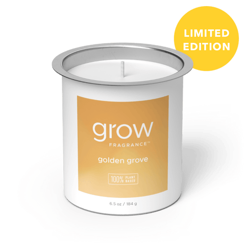 Candle with 'grow' 'golden grove' fragrance label on a white background