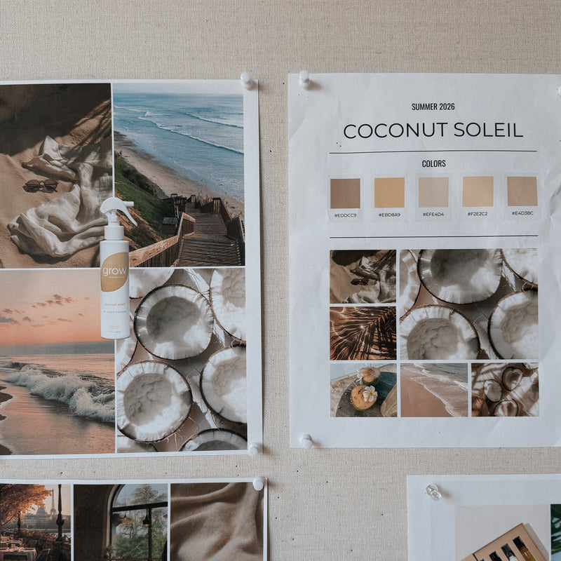 Collage of beach-themed images and a color palette sheet titled 'Coconut Soleil' on a textured wall.