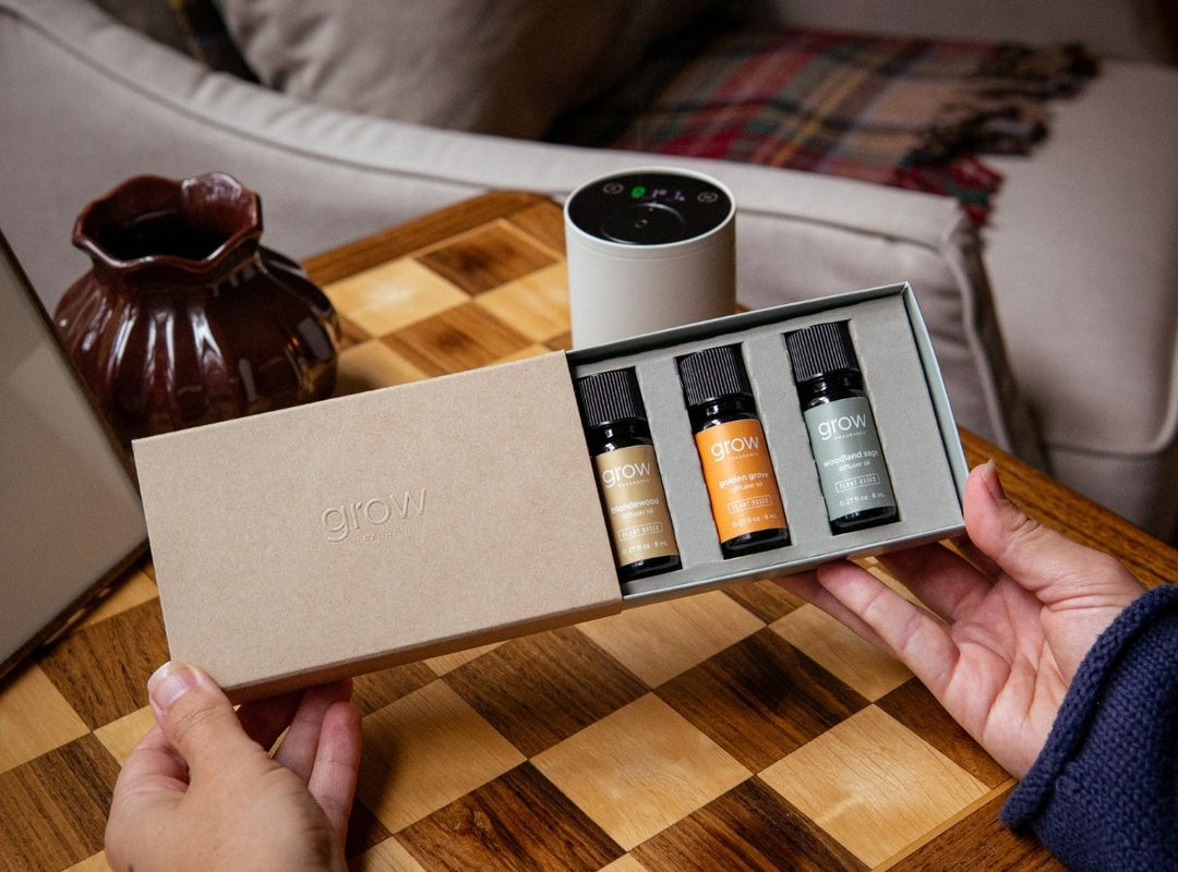 Hands holding an open Grow Fragrance gift box containing three diffuser oil bottles — Blondewood, Golden Grove, and Woodland Sage — with the matte white waterless diffuser powered on in the background on a wooden end table next to a couch with a plaid throw blanket. (featured)