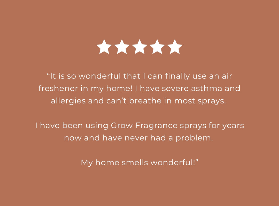 Five-star rating with a positive review of Grow Fragrance sprays on a brown background