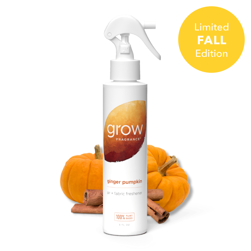 A white trigger spray bottle of grow Fragrance Ginger Pumpkin air and fabric freshener, styled with small orange pumpkins and cinnamon sticks on a white background, with a yellow 'Limited FALL Edition' badge in the top right.