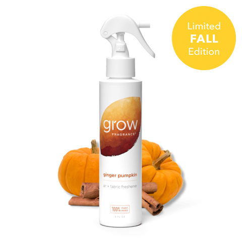 A white trigger spray bottle of grow Fragrance Ginger Pumpkin air and fabric freshener, styled with small orange pumpkins and cinnamon sticks on a white background, with a yellow 'Limited FALL Edition' badge in the top right.