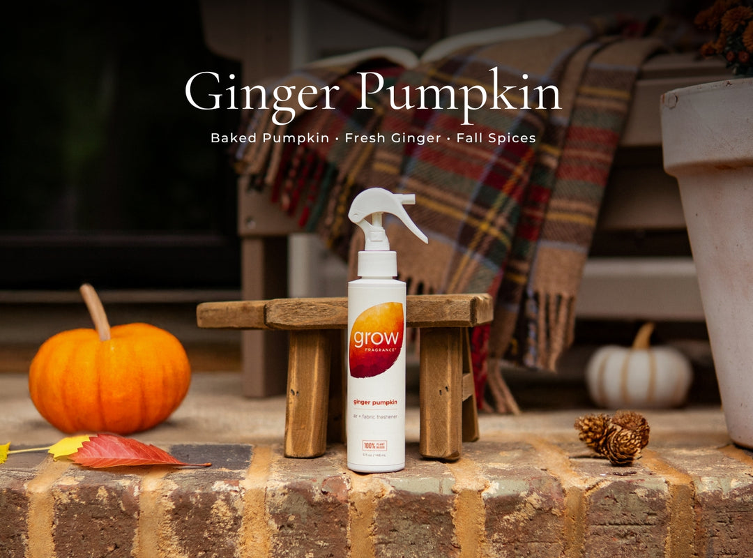Ginger Pumpkin-themed product with a spray bottle on a wooden block, surrounded by pumpkins and fall decor.