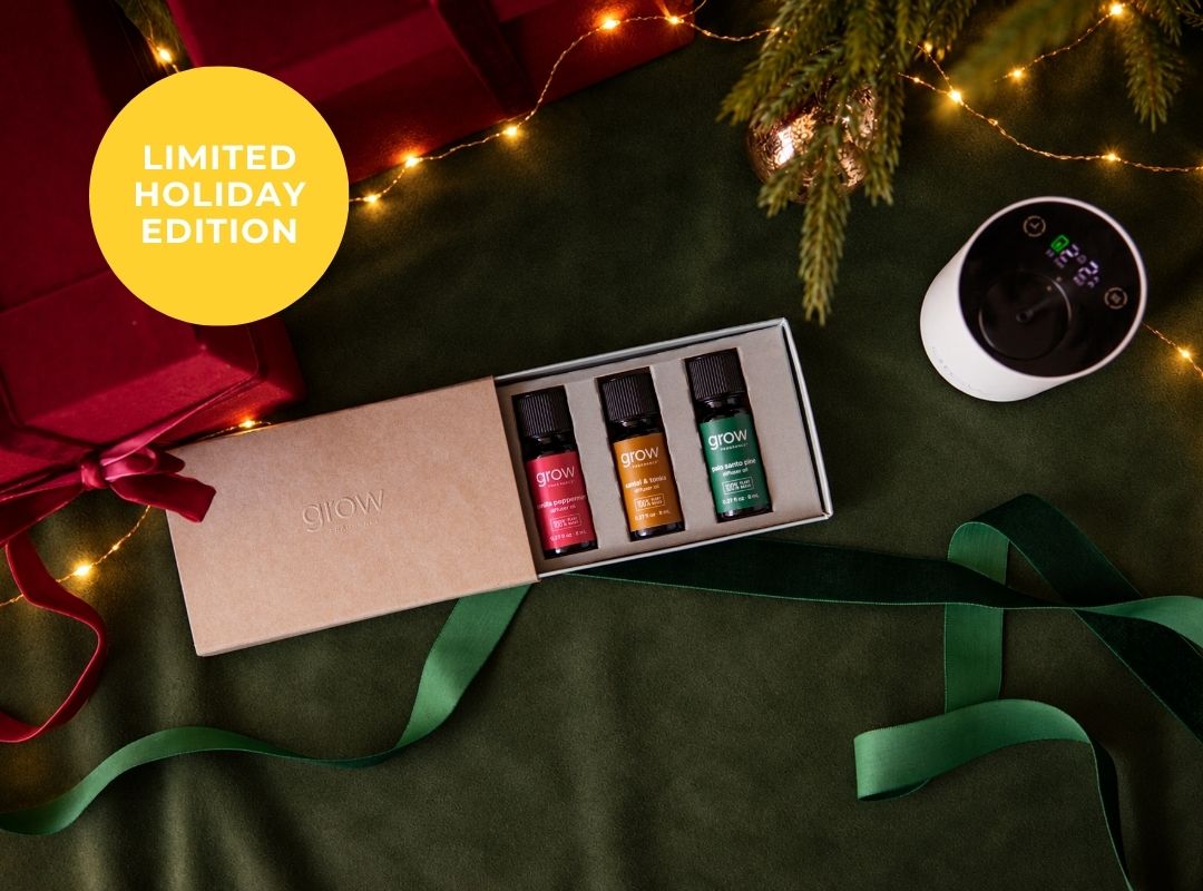 A holiday gift set featuring three small essential oil bottles in a kraft box, styled on a dark green fabric background with Christmas lights, pine branches, a red gift box, and green ribbons. A yellow circle in the top left reads 'LIMITED HOLIDAY EDITION'. (featured)
