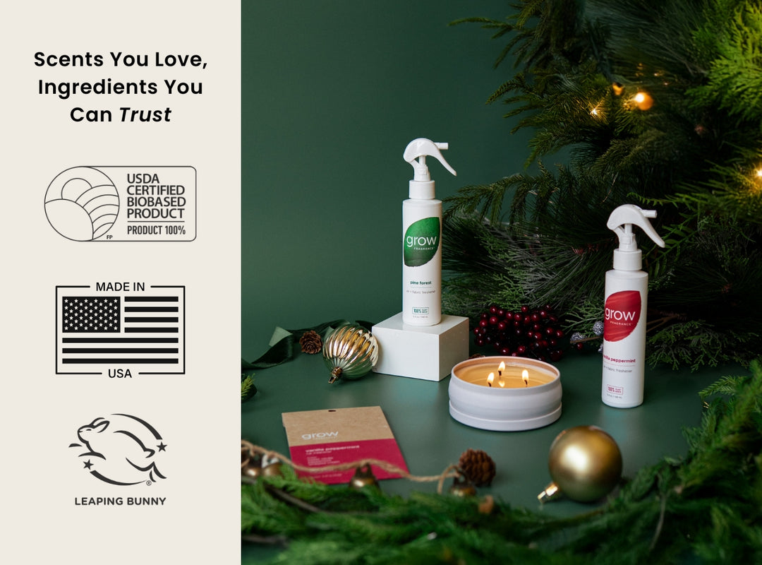 Green products with branding and certifications on a festive background with Christmas decorations.