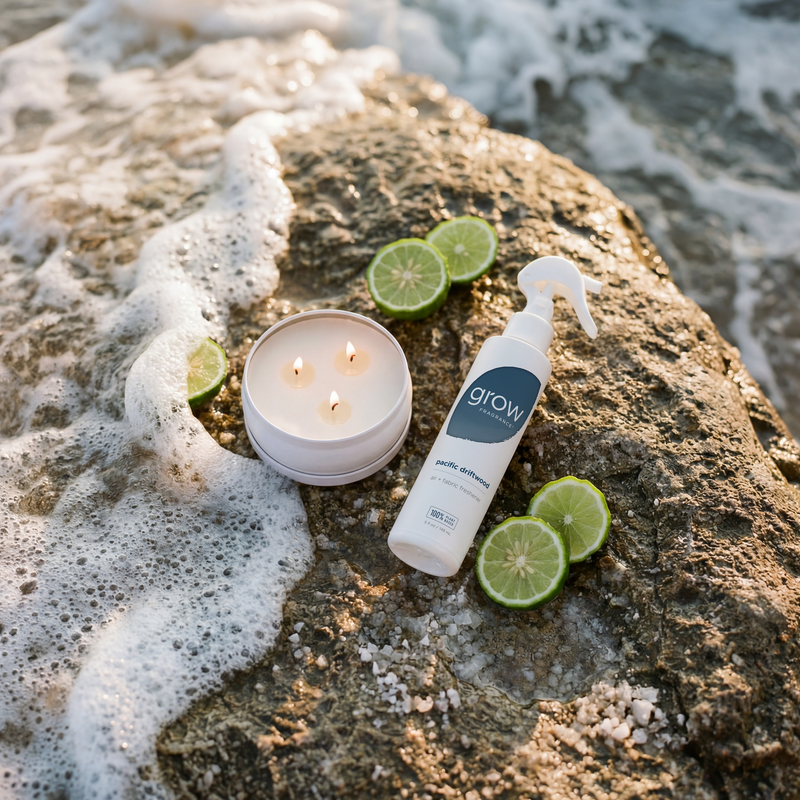 Candle, bottle, and lime slices on a rock with ocean water in the background