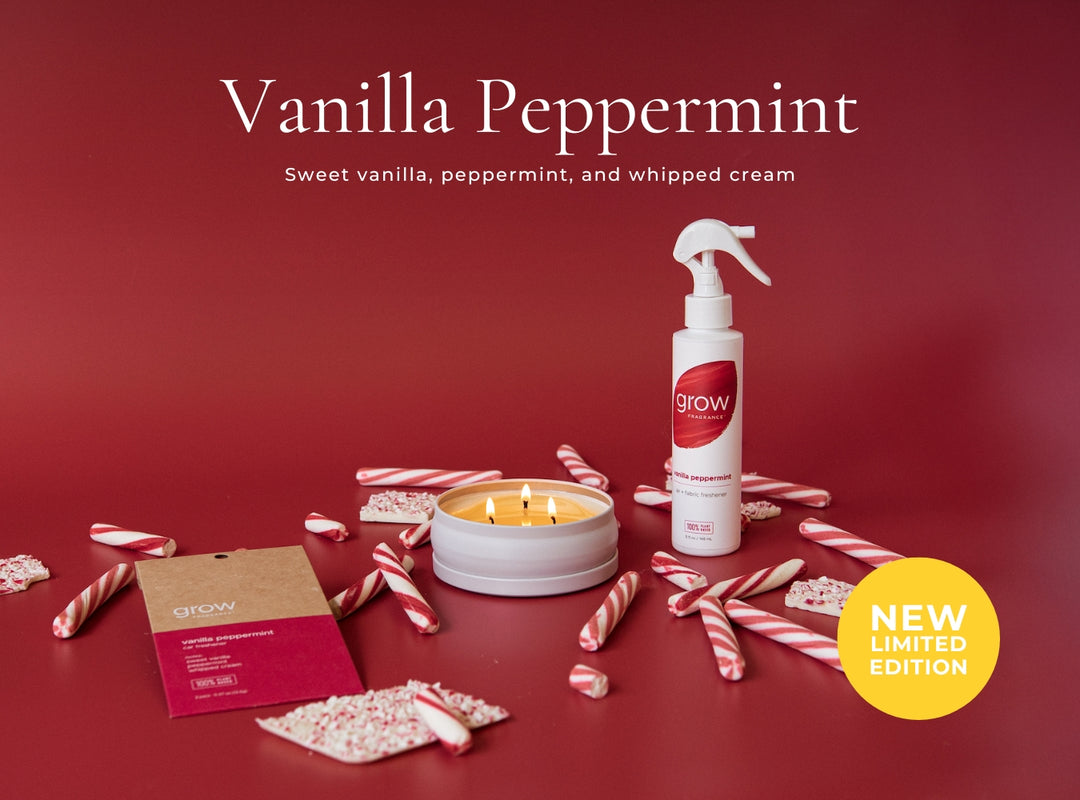 Vanilla peppermint-themed product set with a candle, candy canes, and a spray bottle on a red background.