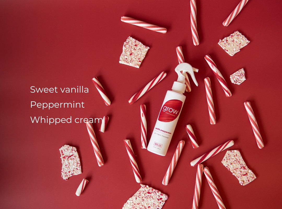 Spray bottle labeled 'grow' surrounded by candy canes and peppermint candies on a red background. (featured)