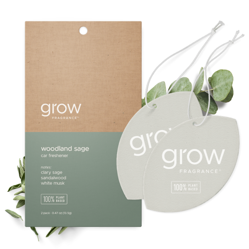 Grow Fragrance woodland sage car freshener with packaging on a white background