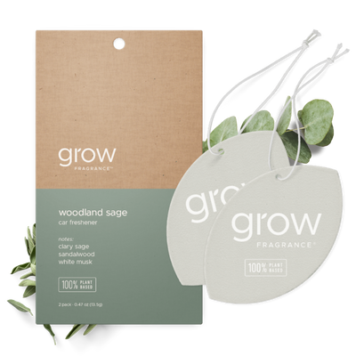 Grow Fragrance woodland sage car freshener with packaging on a white background